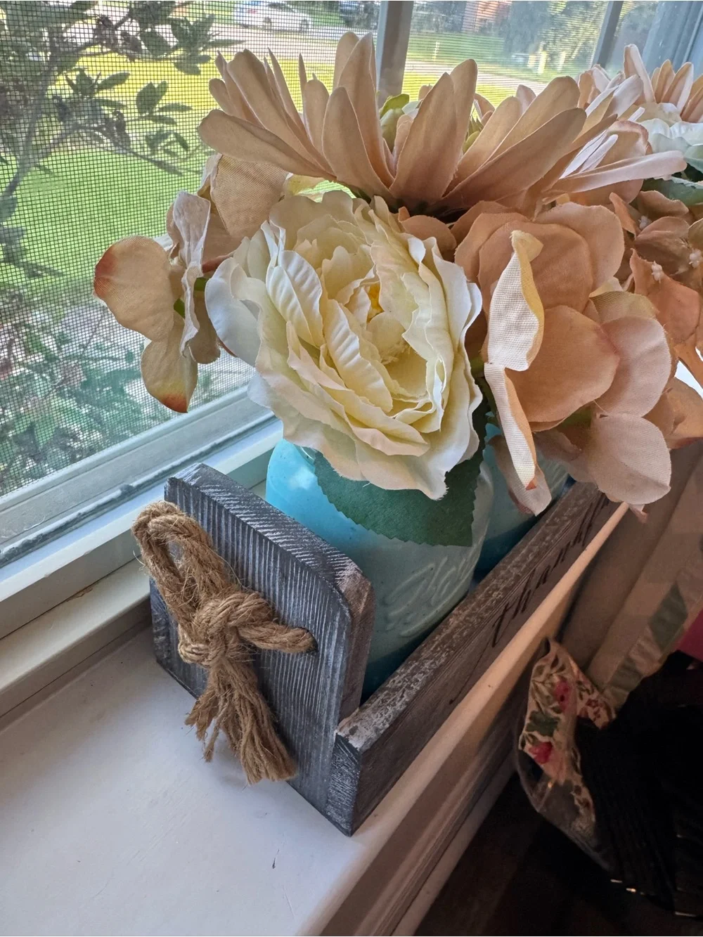 Decorative Blue Mason Jar Flower Arrangement with Cream & Peach Silk Blooms